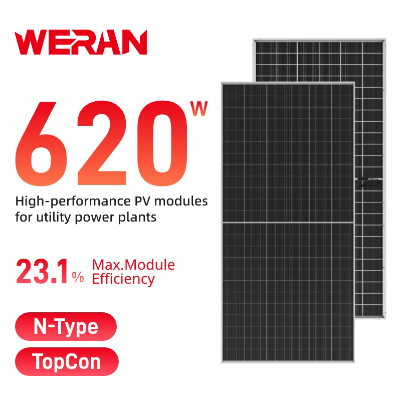 WERAN 595-625W แผงโซลาร์เซลล์สองหน้ารูปแบบขนาดใหญ่ – โมดูล PV กระจกสองชั้น OEM สำหรับโครงการสาธารณูปโภค EPC และขายส่ง